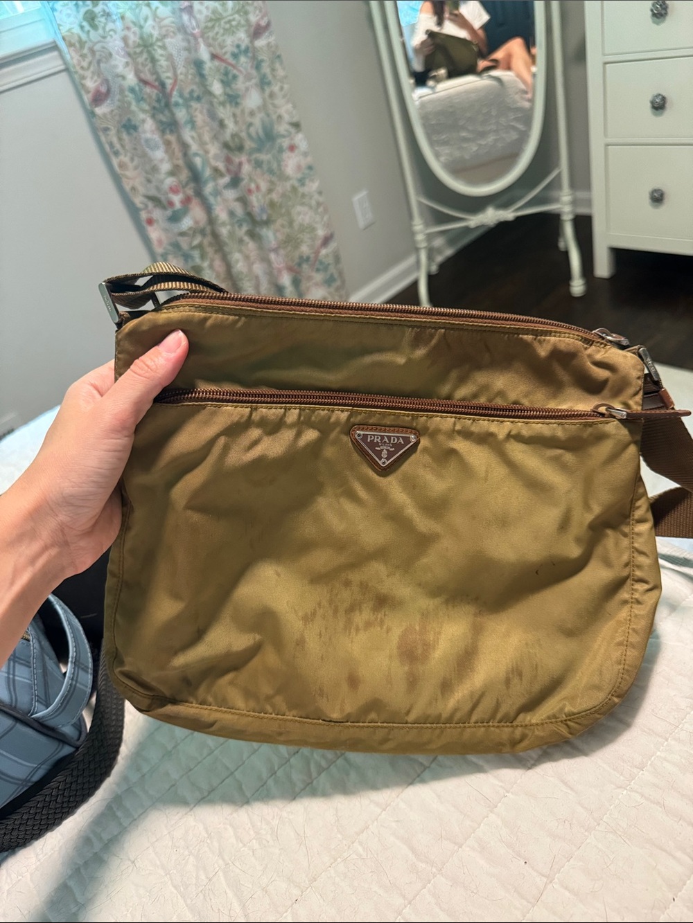 Prada Olive-Toned Nylon Messenger Bag with Brown Trim - Picture 2 of 7